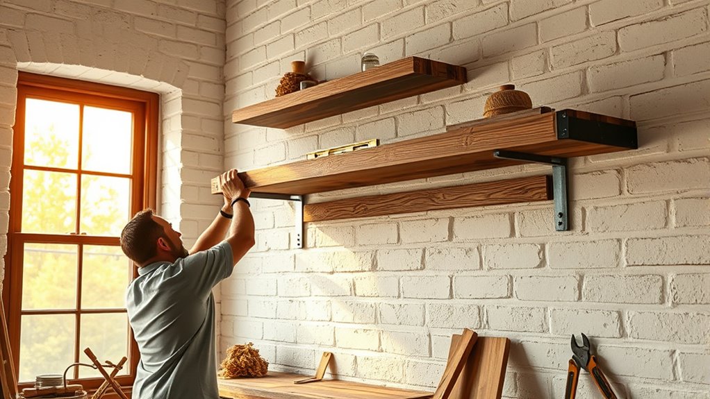 reclaimed wood shelf installation