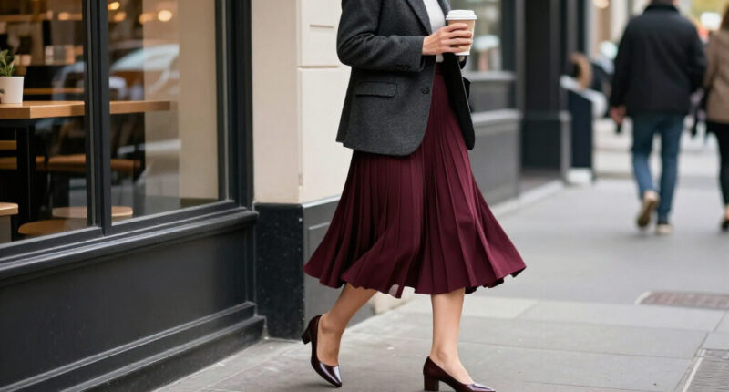 Pretty Outfit Tip: Wear This Blazer Trend And Closet-Toe Heel Trend With A Skirt In This Color